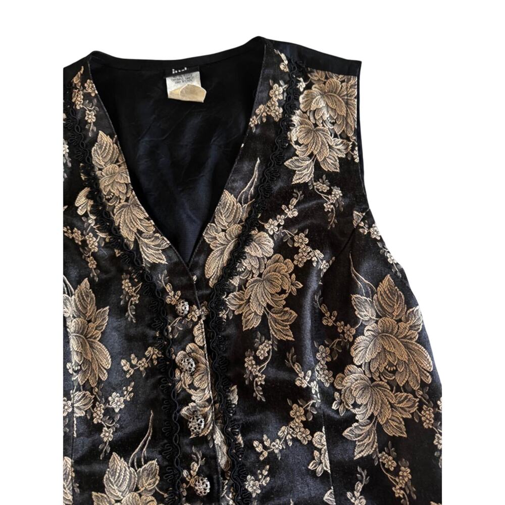 American vintage Judy Knapp Black Floral Tapestry Vest M Asym Hem Lace Trim - Picture 4 of 8
